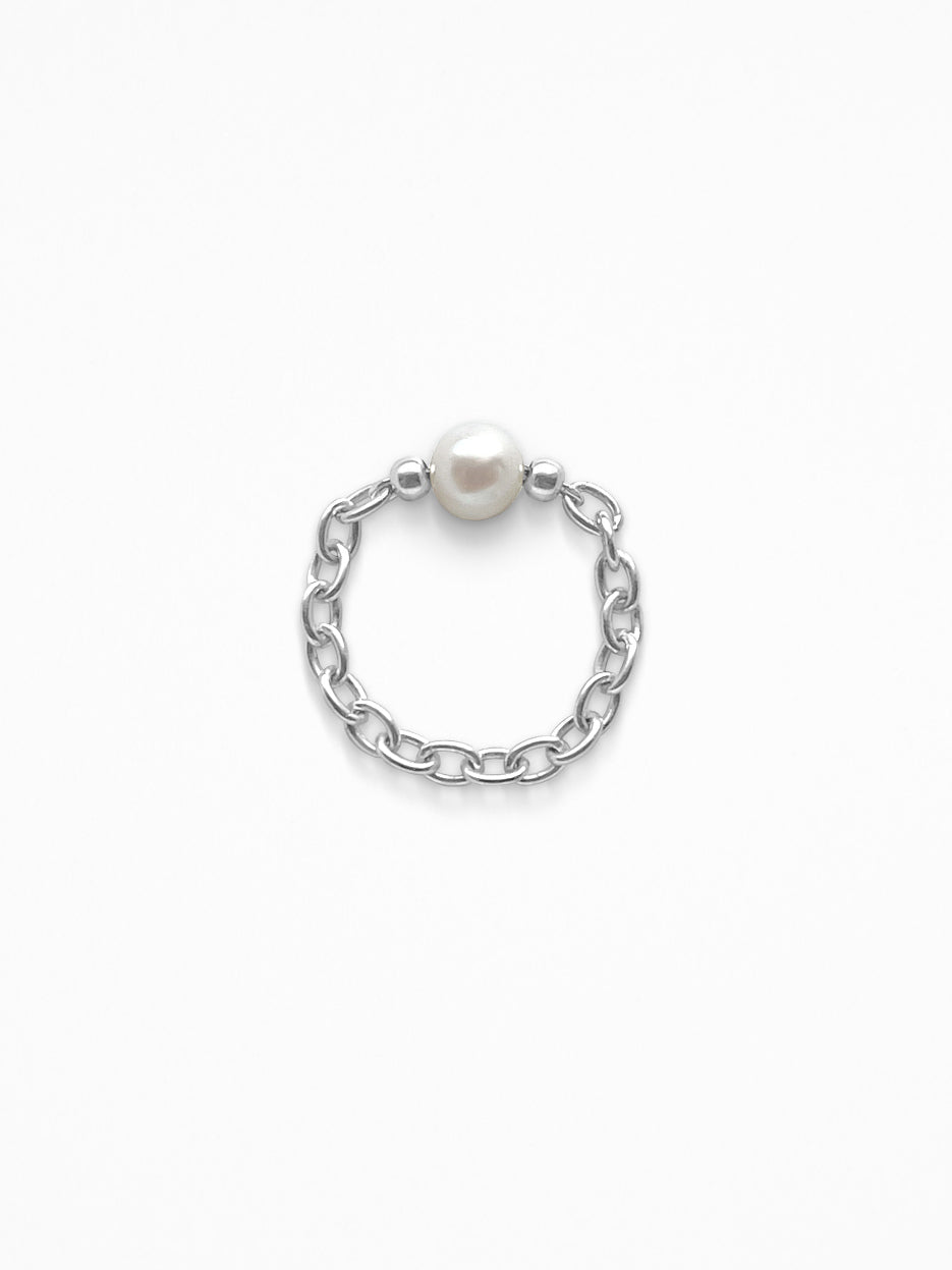 SINGLE PEARL CHAIN RING SILVER