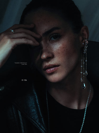 "NAKED CRYSTALS" ASYMMETRICAL EAR SET SILVER