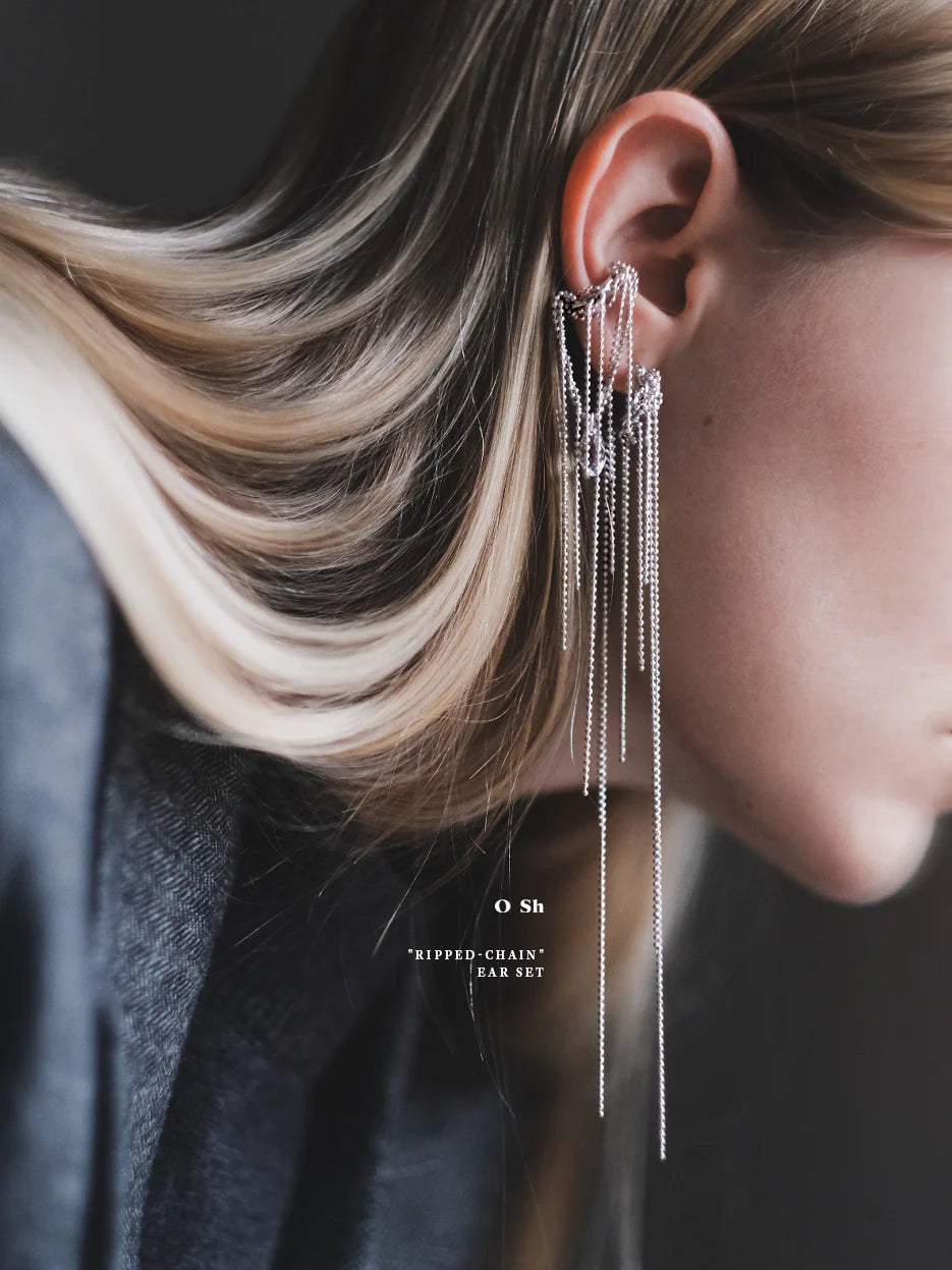 "RIPPED-CHAIN" EAR SET SILVER